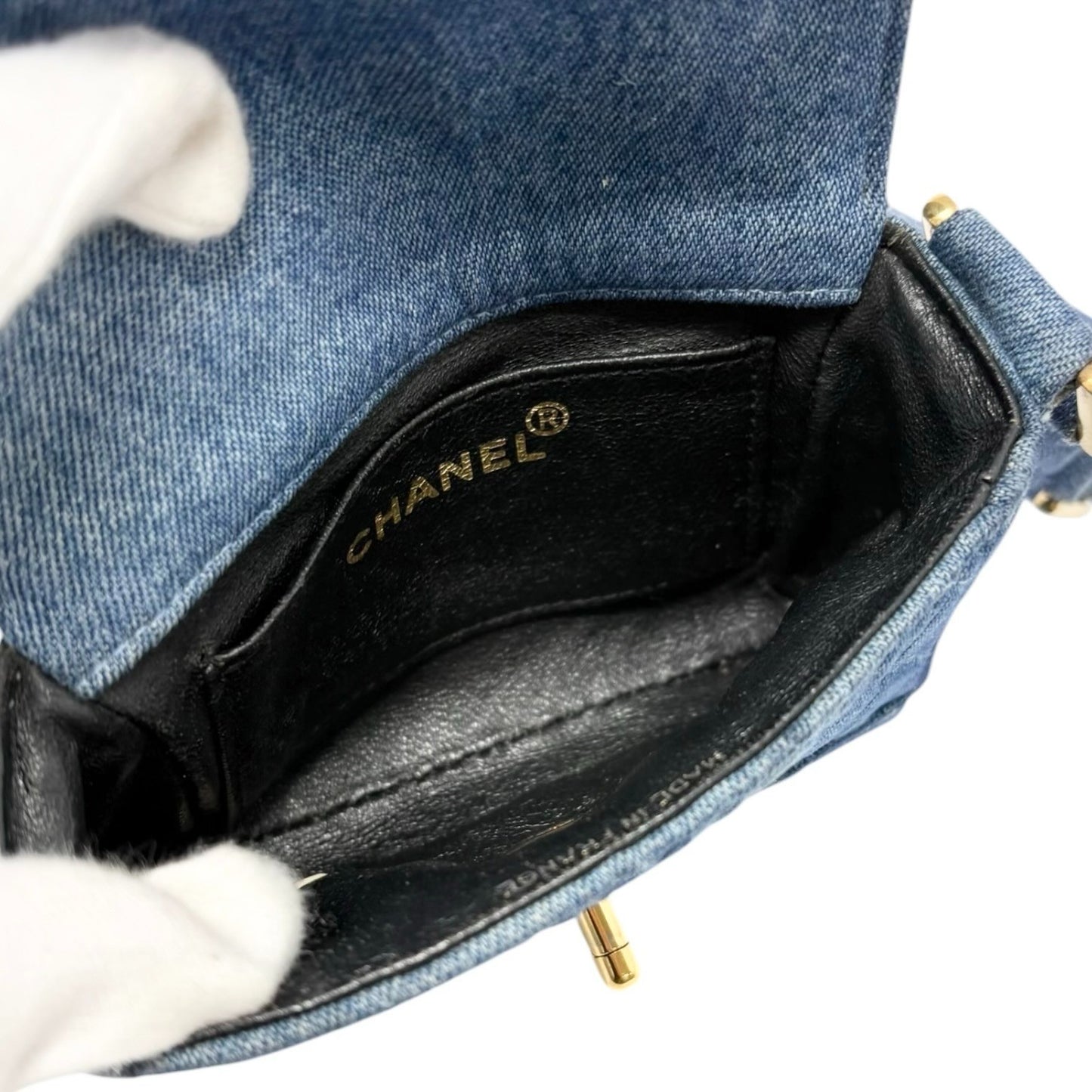 CHANEL Vintage CC Logo Turnlock Quilted Denim Flap Shoulder Bag Blue Gold