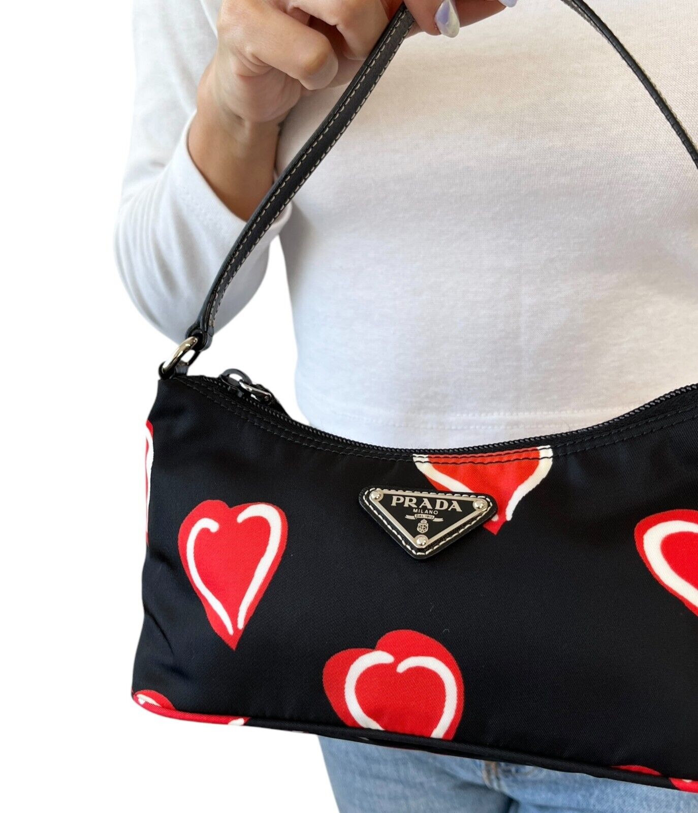 PRADA Vintage Logo Heart Pattern Shoulder Bag Pochette Black Red Nylon