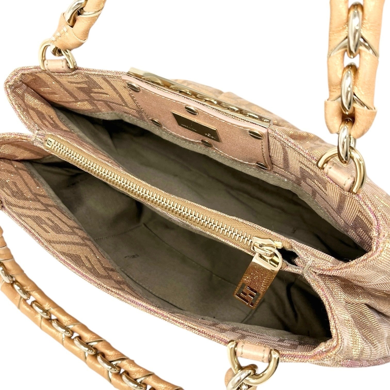 FENDI Vintage FF Logo Zucca Monogram Shoulder Bag Glitter Pink Beige Cotton