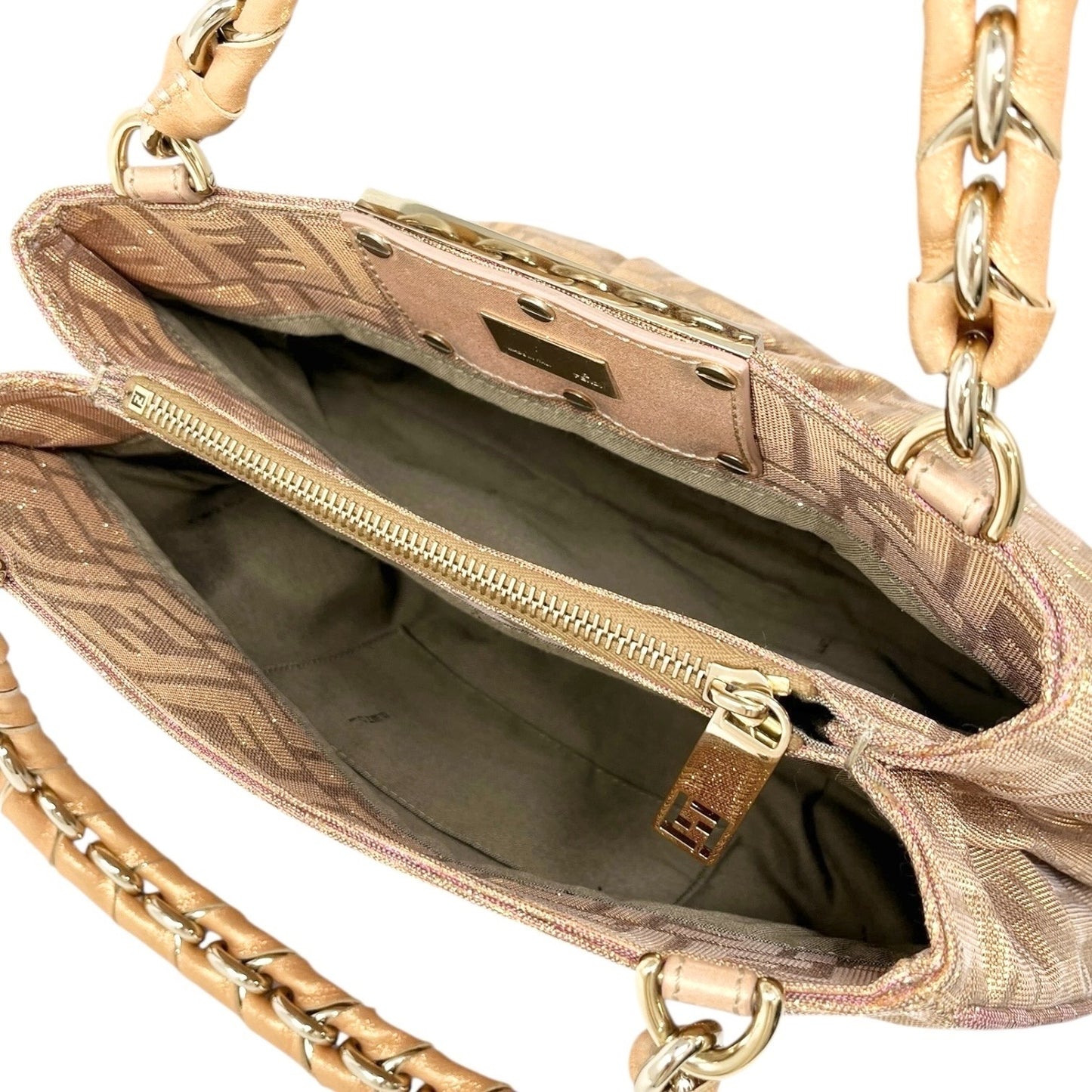 FENDI Vintage FF Logo Zucca Monogram Shoulder Bag Glitter Pink Beige Cotton