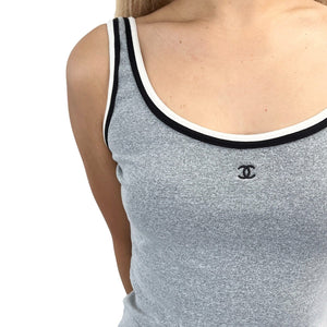 CHANEL Vintage 98P CC Mark Logo Tank Top #38 Camisole Gray Black Nylon