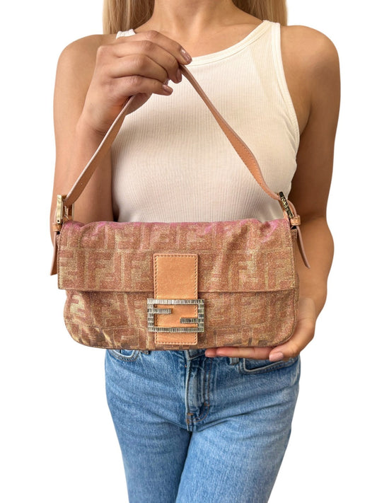 FENDI Vintage FF Logo Zucca Mamma Baguette Glitter Shoulder Bag Pink Beige