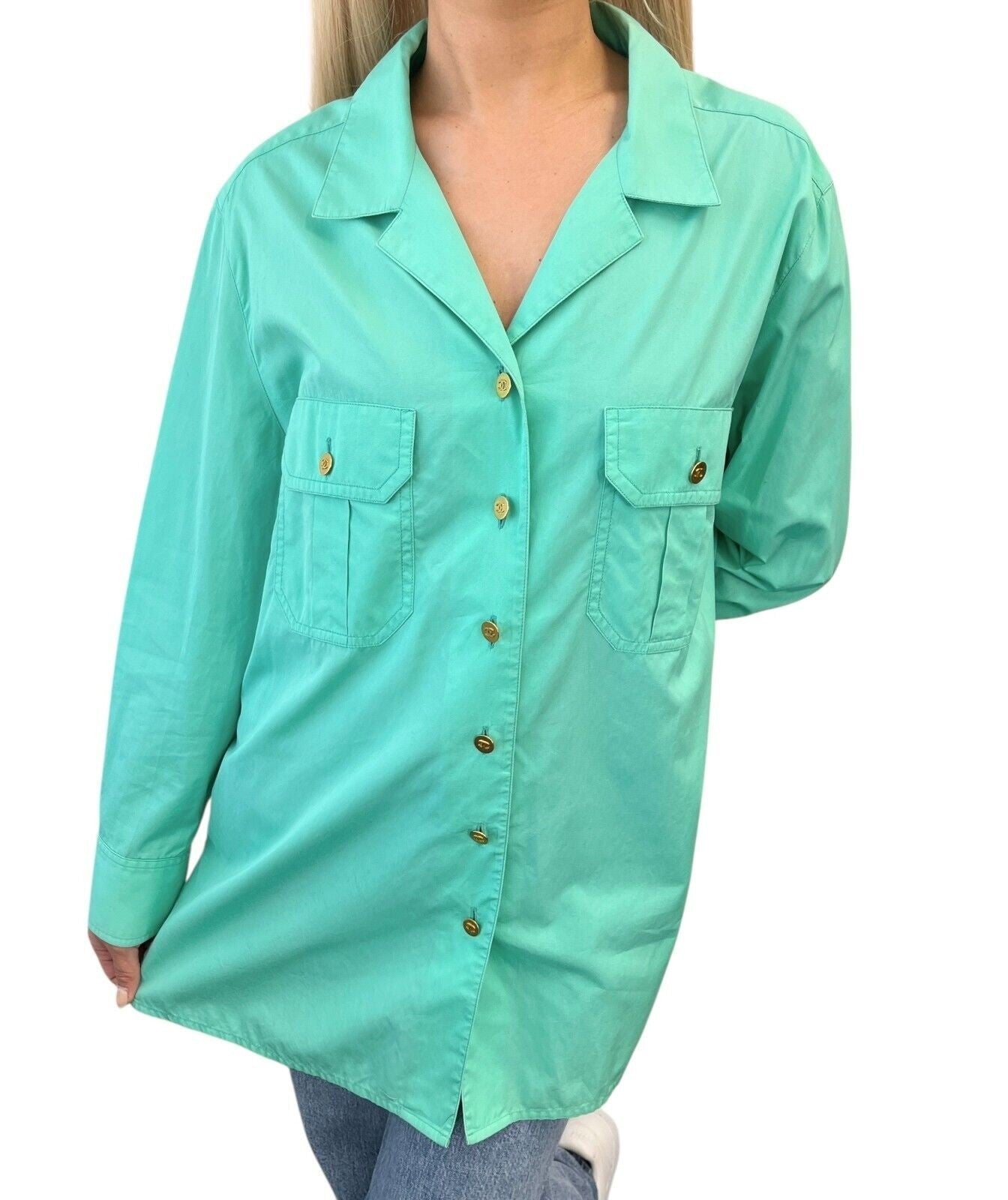 CHANEL Vintage P04883 CC Logo Shirt Top #44 Button Up Light Green Gold Cotton