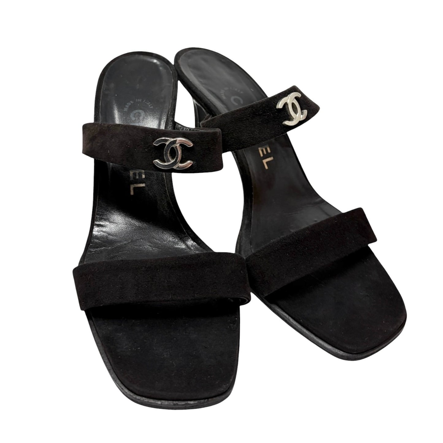 CHANEL Vintage CC Logo Slide Sandals Heels #36.5 Black Silver Suede 901840
