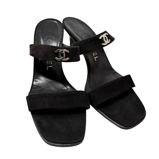 CHANEL Vintage CC Logo Slide Sandals Heels #36.5 Black Silver Suede 901840
