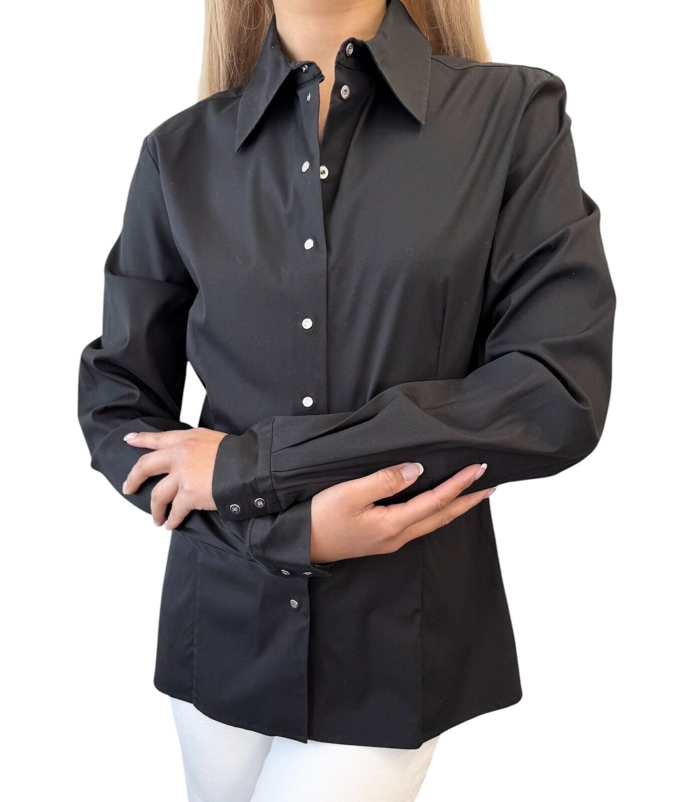 CELINE Vintage Logo Button Up Shirt #40 Blouse Top Black Silver Cotton
