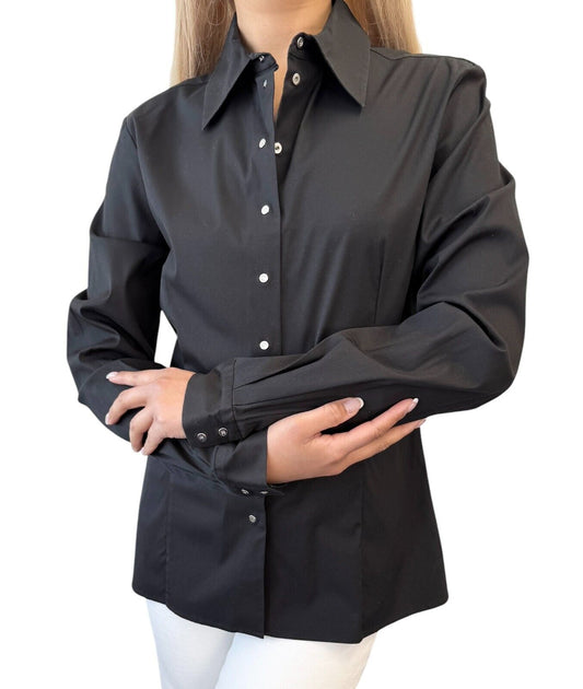 CELINE Vintage Logo Button Up Shirt #40 Blouse Top Black Silver Cotton