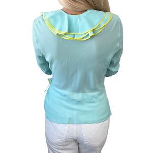 Christian Dior Vintage 2002 Frill Shirt #40 Top Button Light Blue Yellow Silk