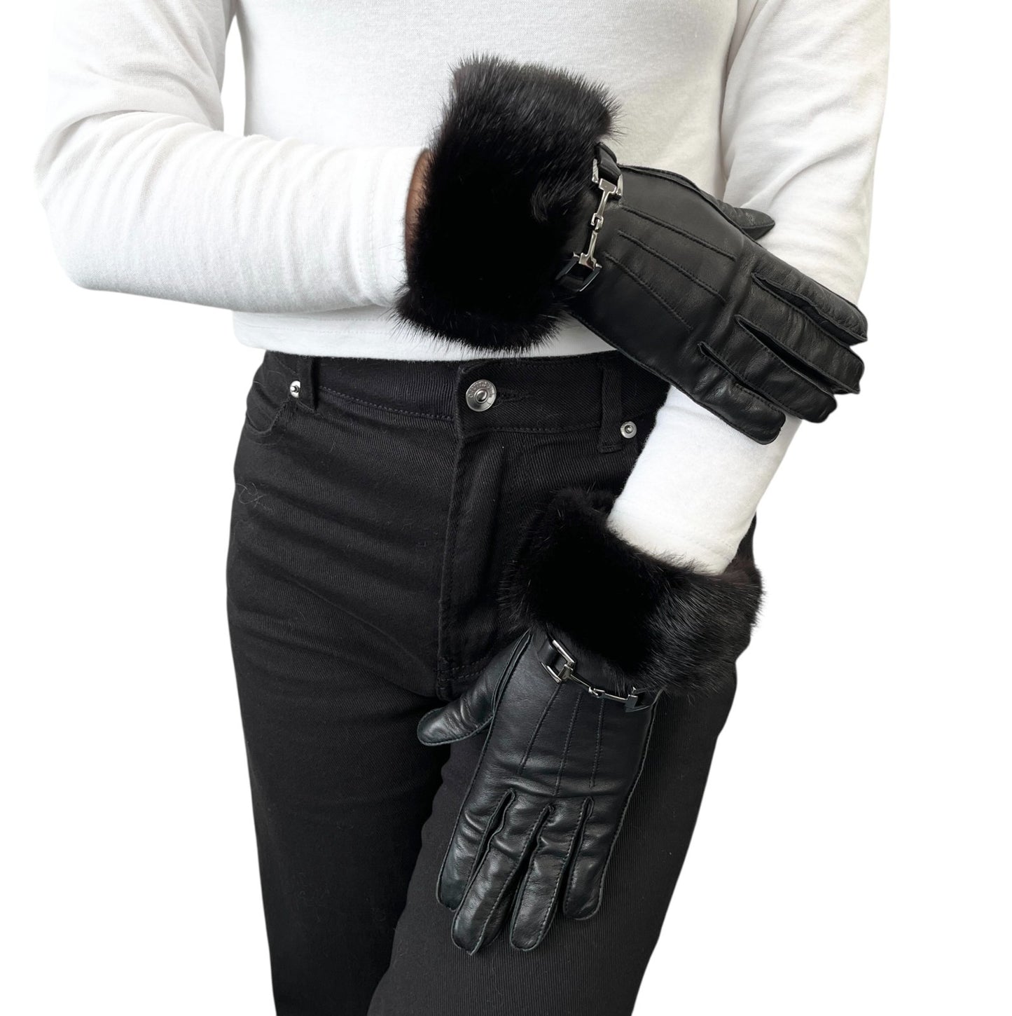 GUCCI Vintage Horsebit Fur Trim Lambskin Leather Gloves #6.5 Black Silver