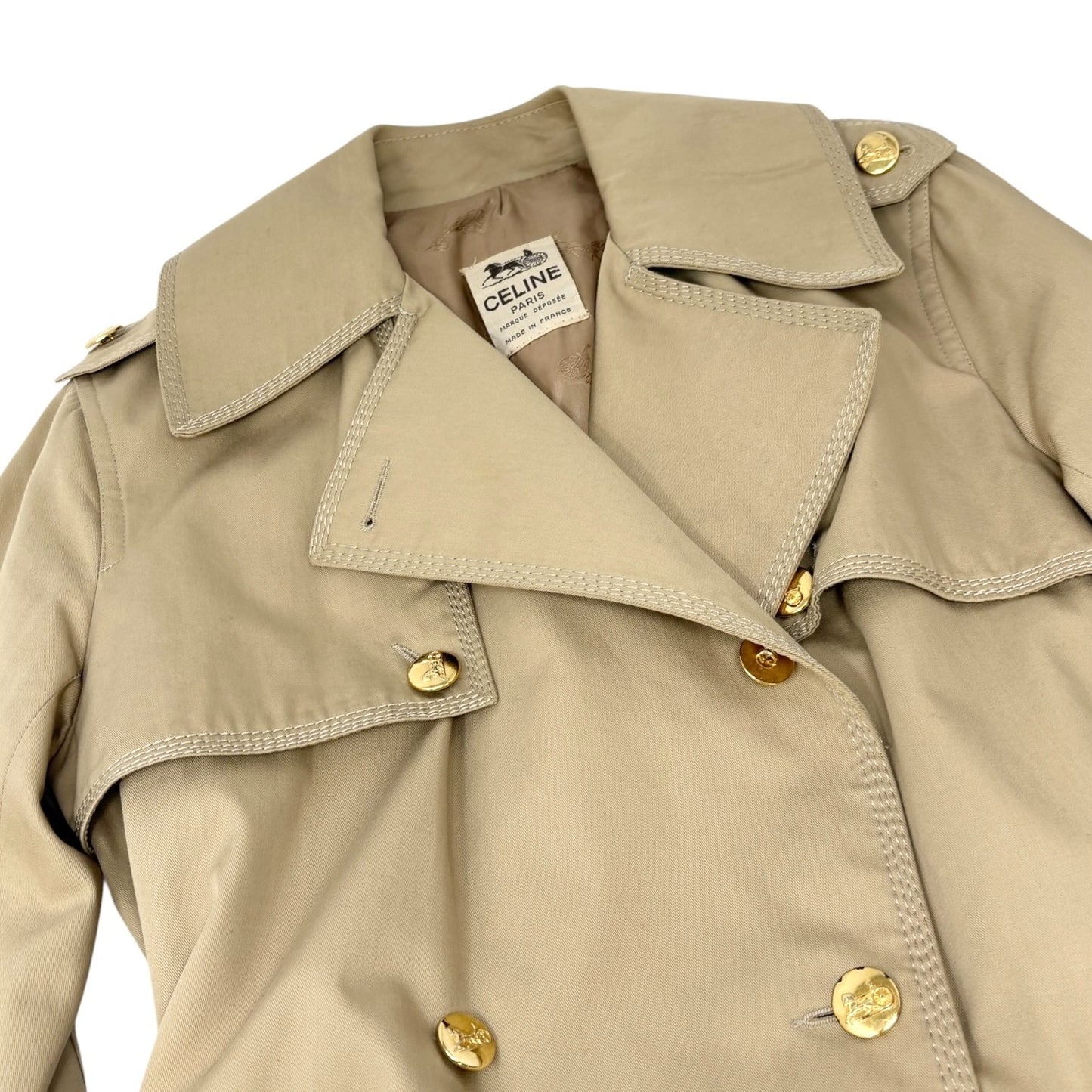 CELINE Vintage Trench Coat Jacket #M Beige Cotton Gold Logo Button