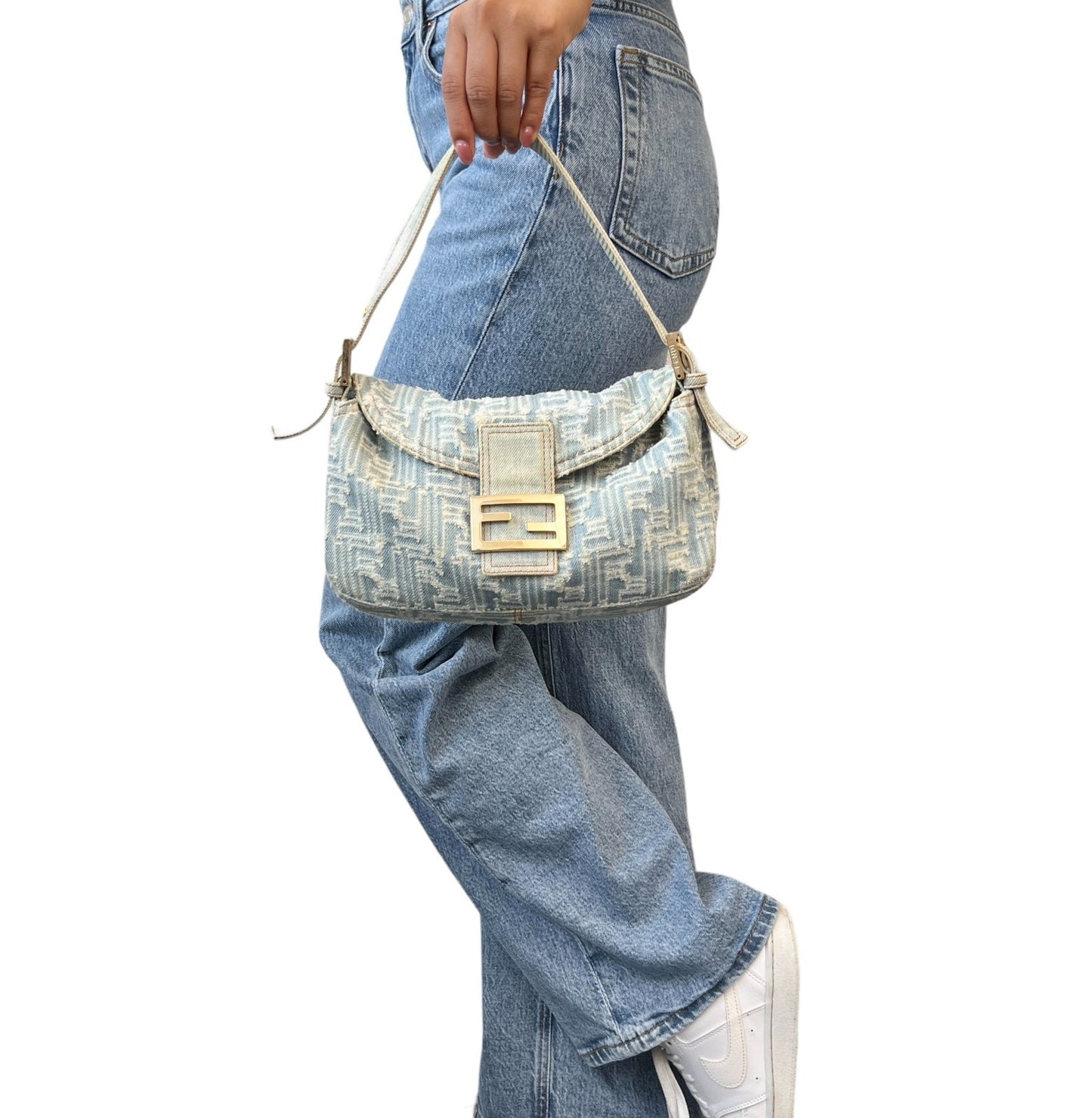 FENDI Vintage FF Zucca Monogram Denim Mamma Baguette Shoulder Bag Blue Gold