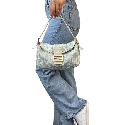 FENDI Vintage FF Zucca Monogram Denim Mamma Baguette Shoulder Bag Blue Gold