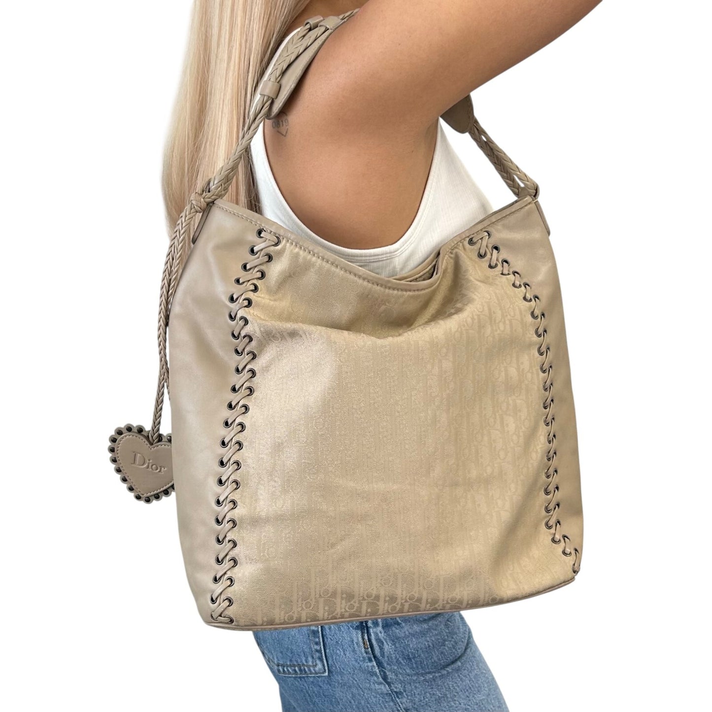 Christian Dior Vintage 2007 Logo Trotter Monogram Tote Bag Beige Nylon Leather