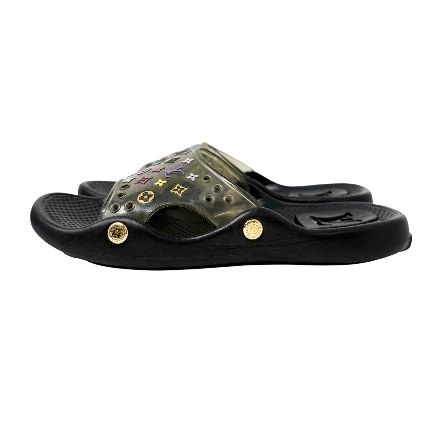 LOUIS VUITTON Vintage Monogram Multicolor Slide Sandals #37 Black Rubber