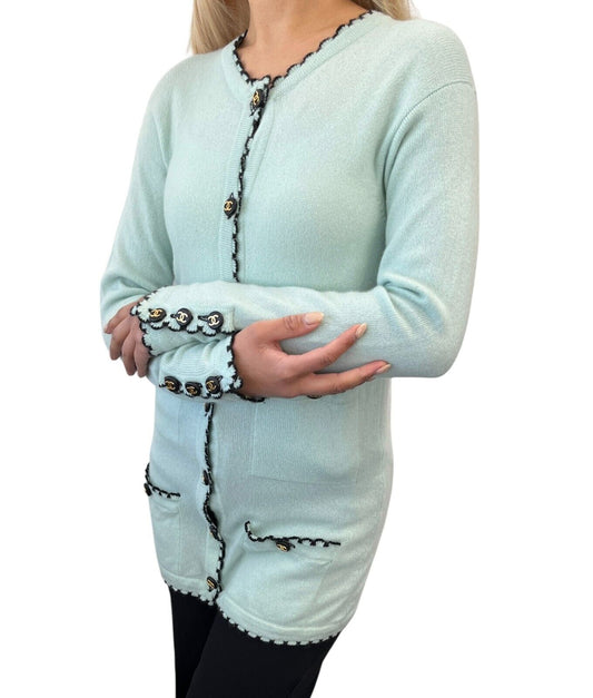 CHANEL Vintage 94C CC Logo Trimmed Cardigan Knit Top Light Green Cashmere