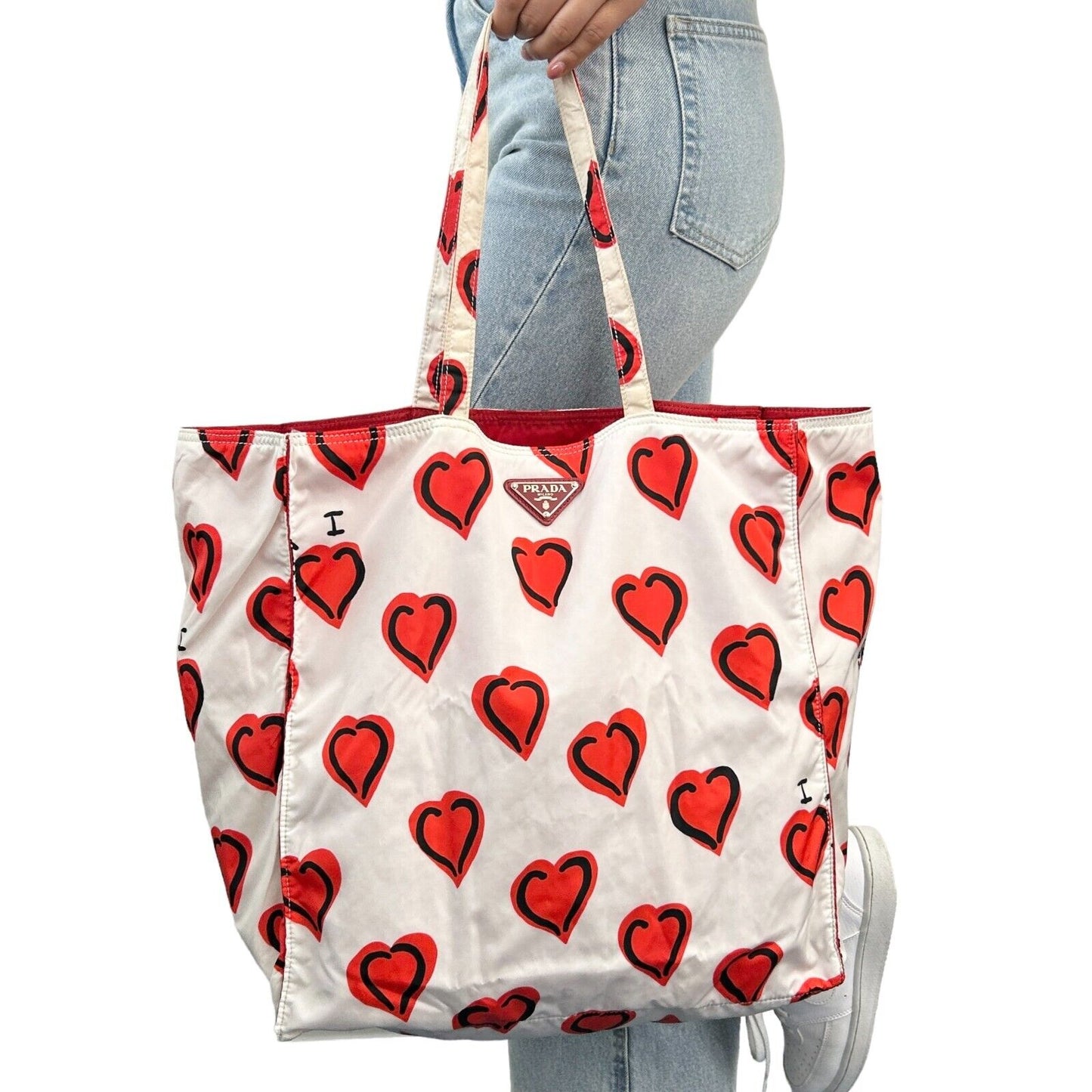PRADA Vintage Logo Heart Pattern Tote Bag Handbag White Red Black Silver Nylon