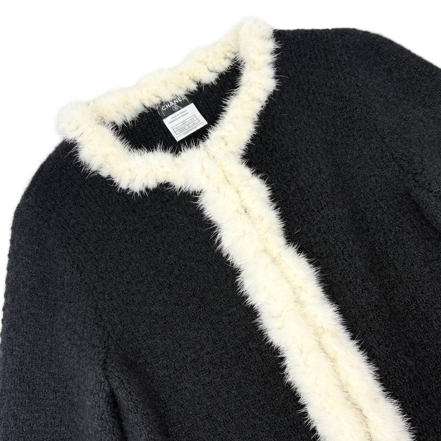CHANEL Vintage 03A CC Logo Button Fur Trim Knit Jacket #42 Black White Mohair