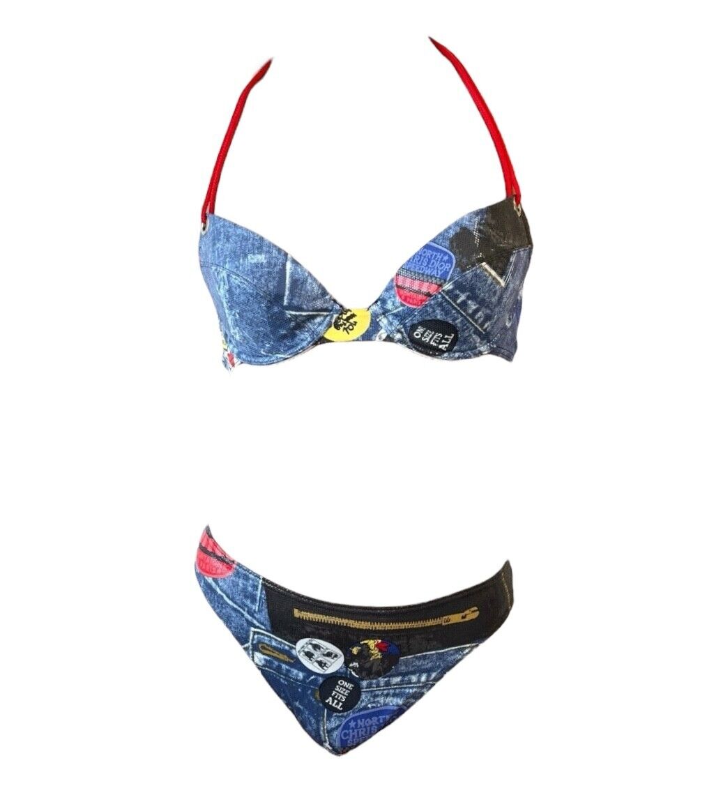 Christian Dior Vintage Logo Swimwear Bikini #38 Denim Print Blue Nylon Rank AB+