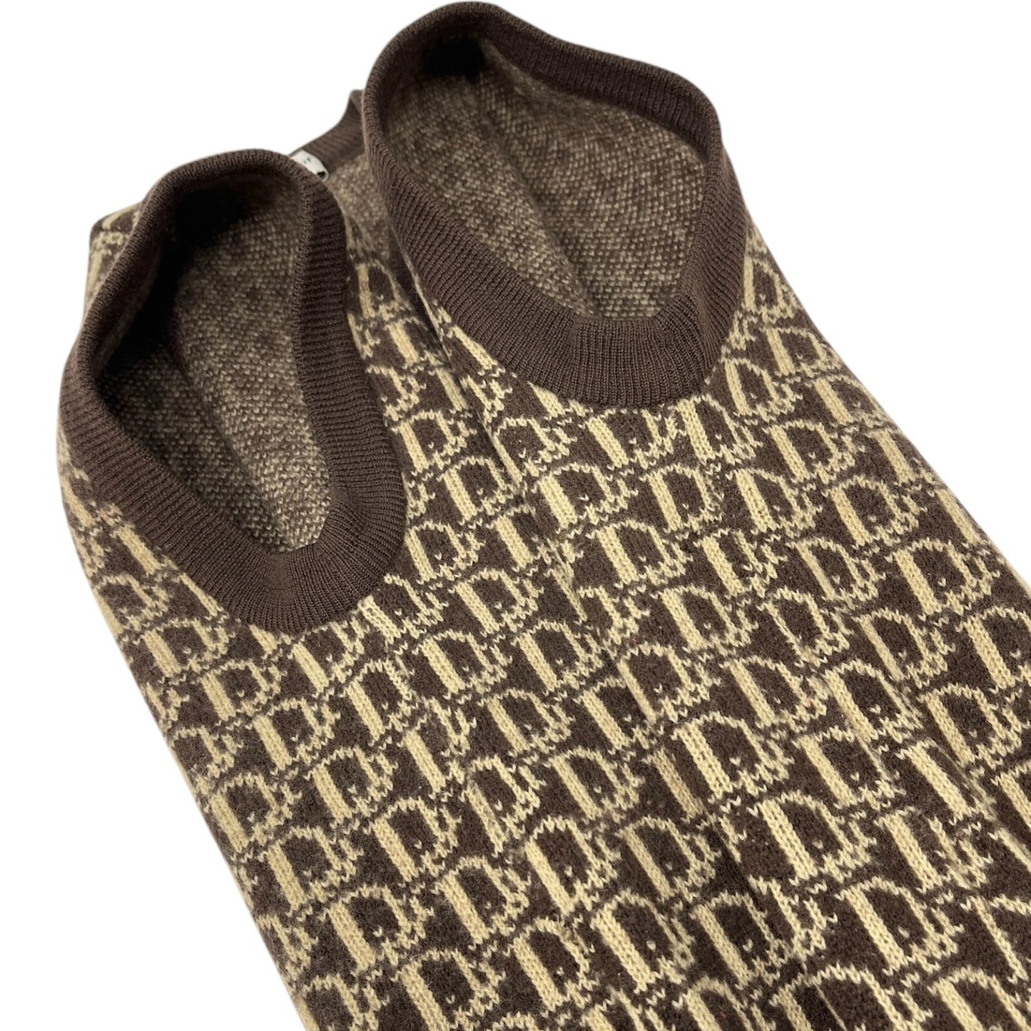 Christian Dior Vintage Trotter Monogram Logo Knit Vest V-neck Brown Beige Wool