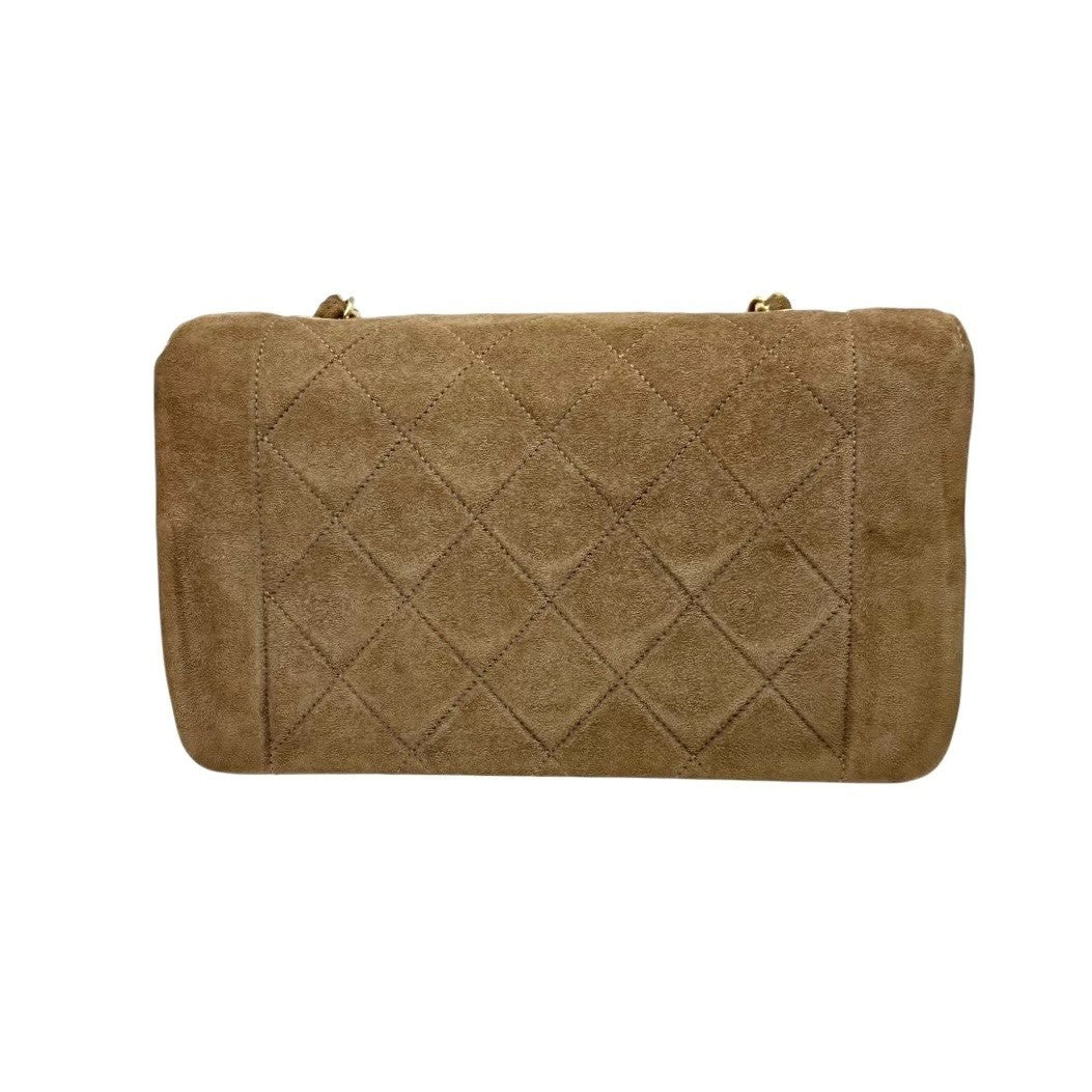 CHANEL Vintage CC Logo Turnlock Quilted Suede Flap Bag Brown Gold