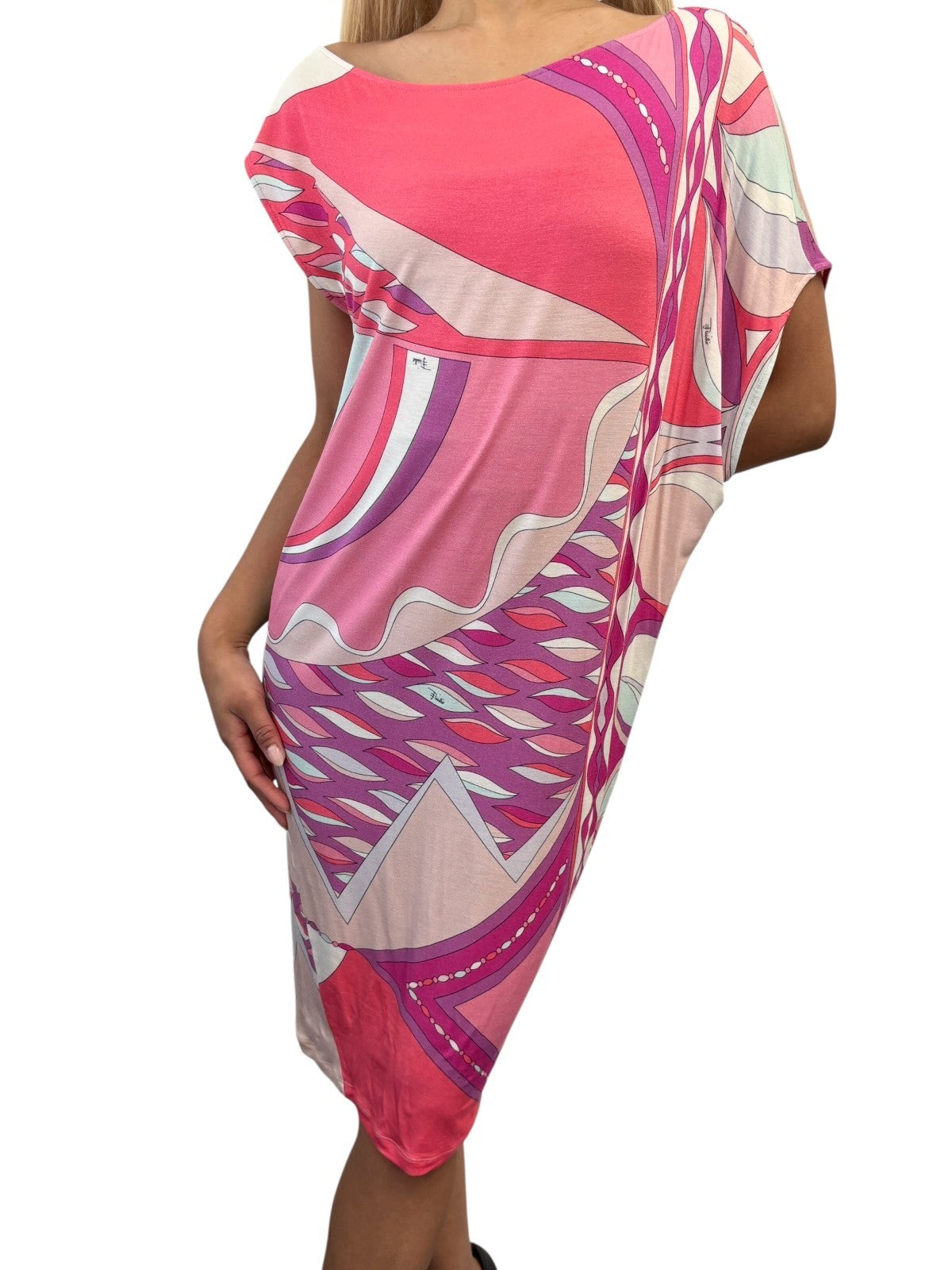EMILIO PUCCI Vintage Multicolor Abstract Print Asymmetric Midi Dress #34 Pink