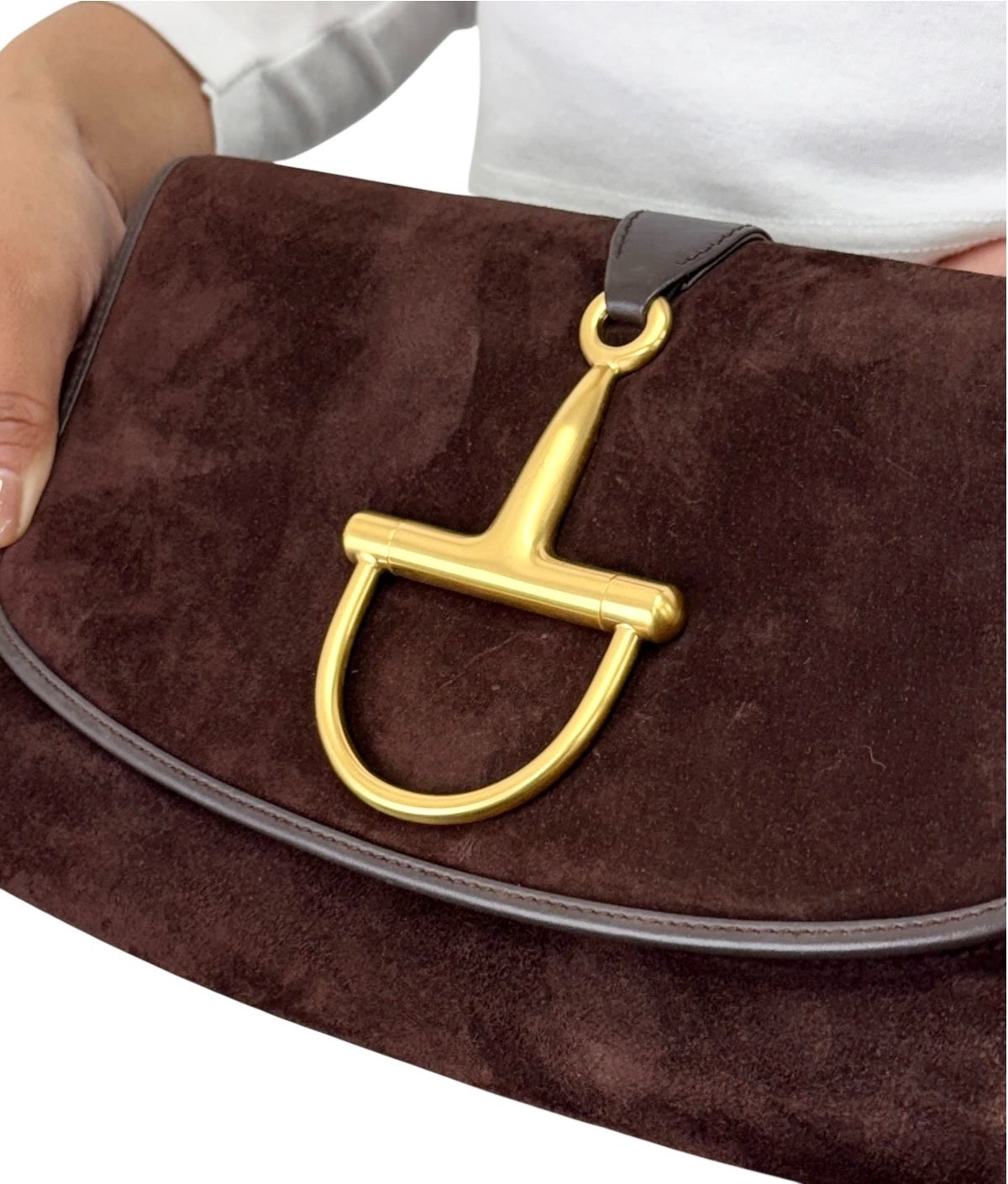 GUCCI Vintage Logo Horsebit Crossbody Bag Brown Gold Suede Leather 902824