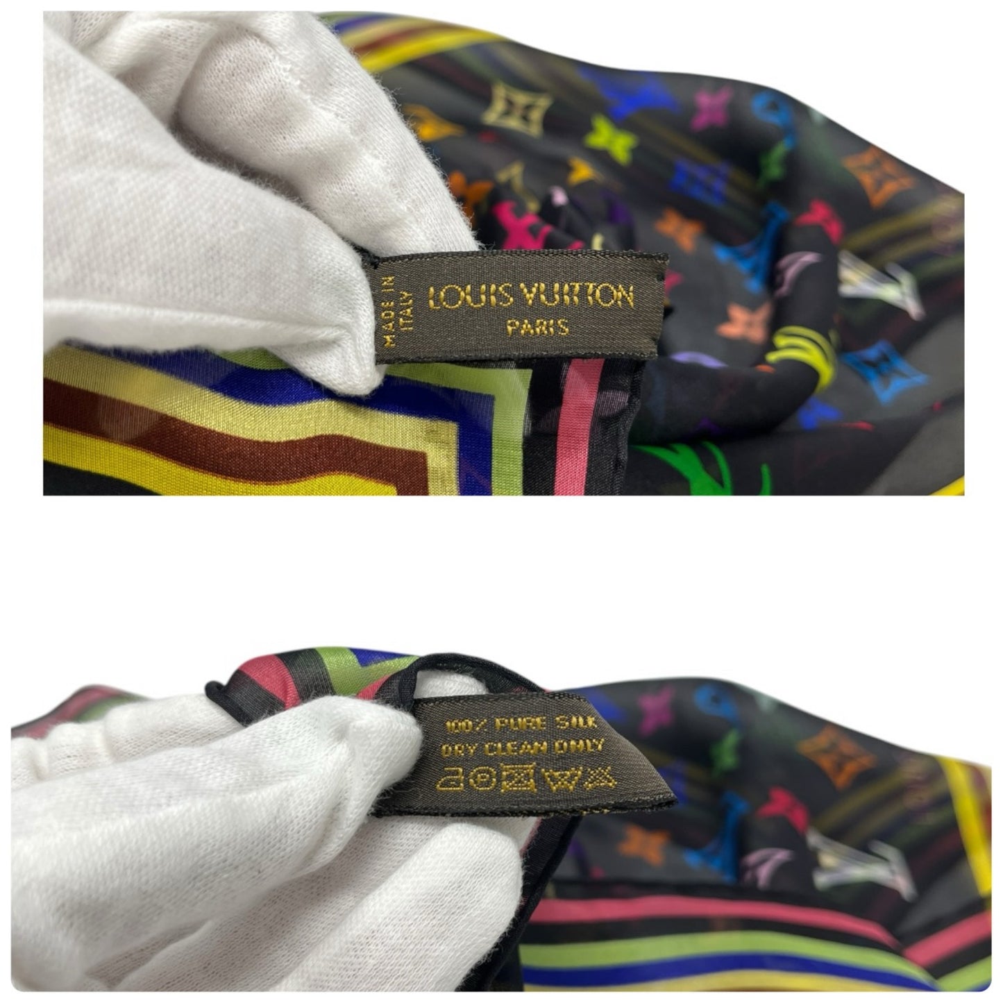 LOUIS VUITTON Vintage LV Logo Monogram Multicolor Scarf Wrap Black Silk 902226