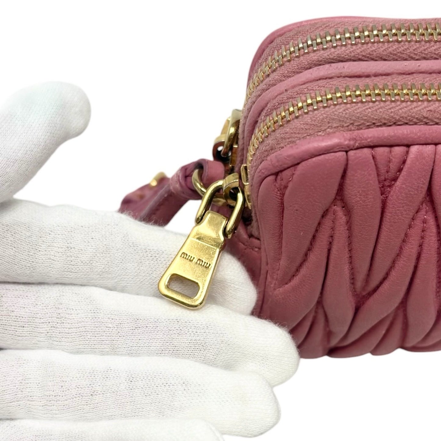 miu miu Vintage Logo Matelasse Leather Mini Double Zip Bag Pink Gold 902277