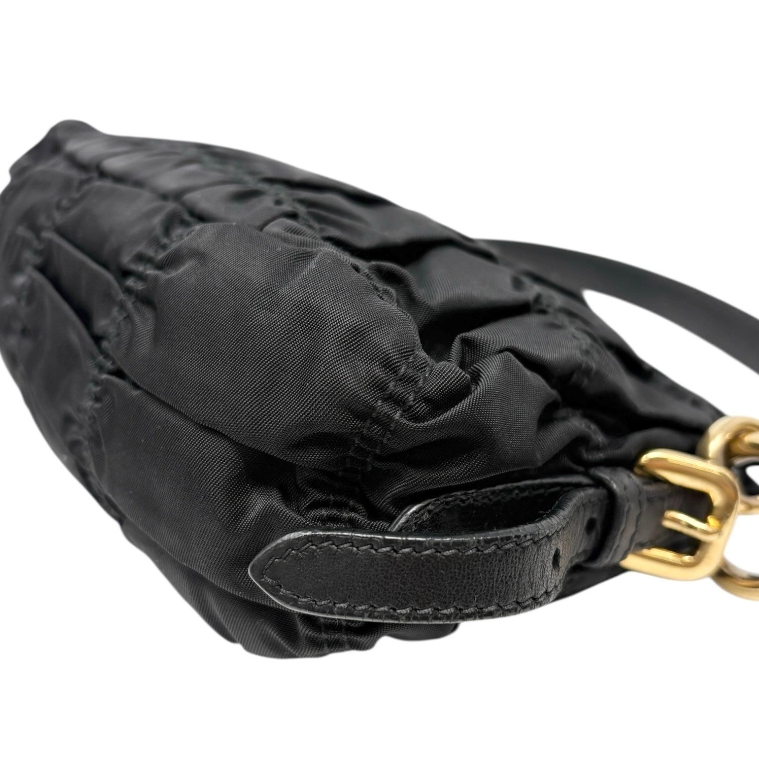 PRADA Vintage Logo Black Gathered Nylon Shoulder Mini Bag Gold Ribbon Leather
