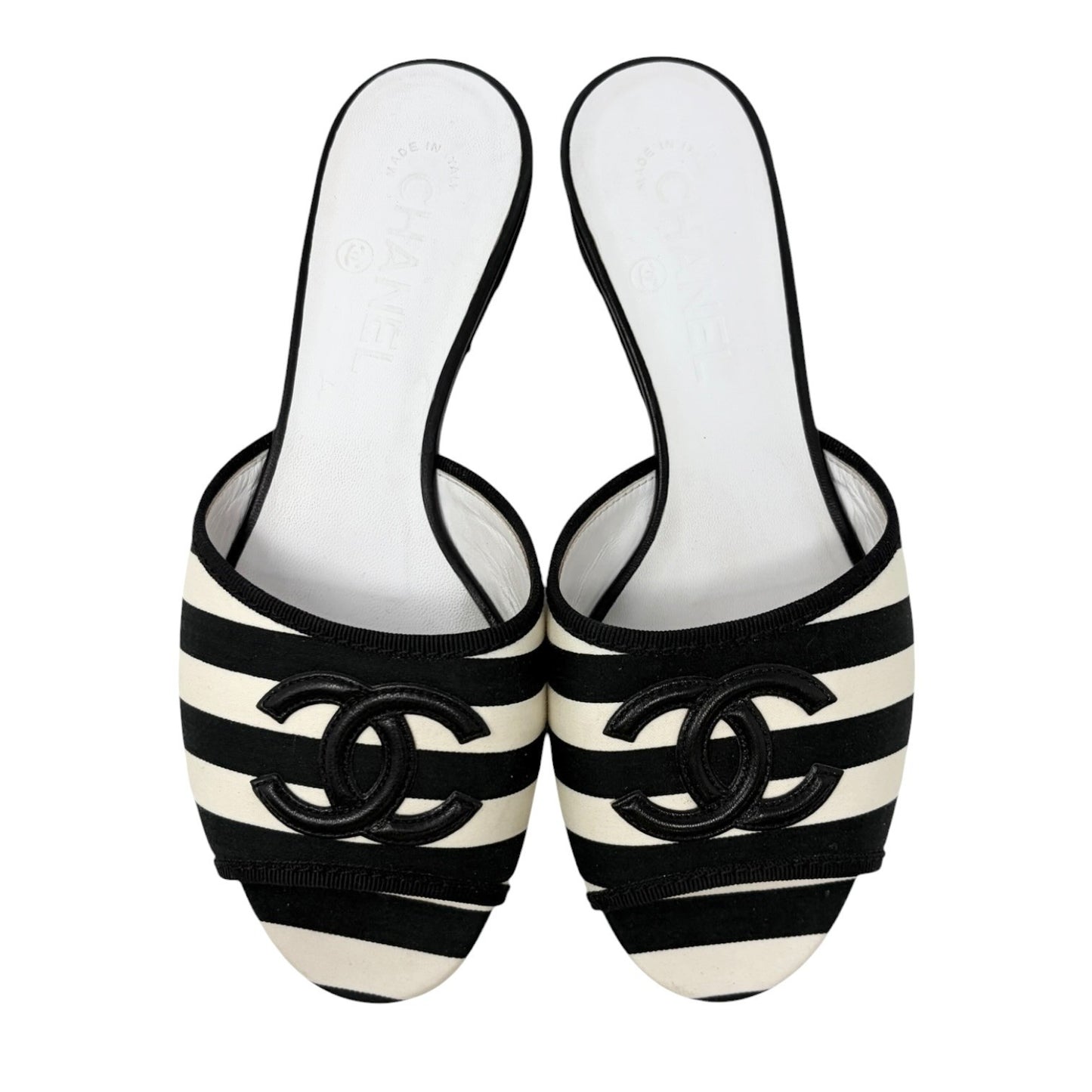 CHANEL Vintage CC Stripe Flat Slide Sandals #37 Black Cotton Leather 902236