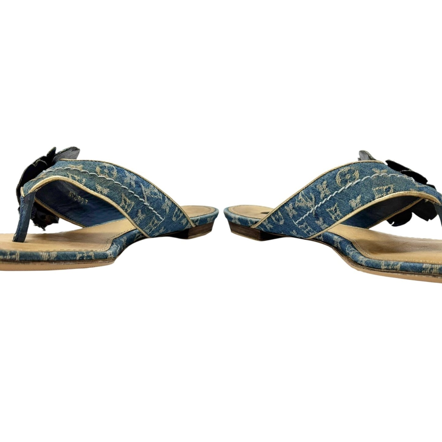 LOUIS VUITTON Vintage LV Monogram Denim Thong Sandals #37.5 Blue Gold Flower