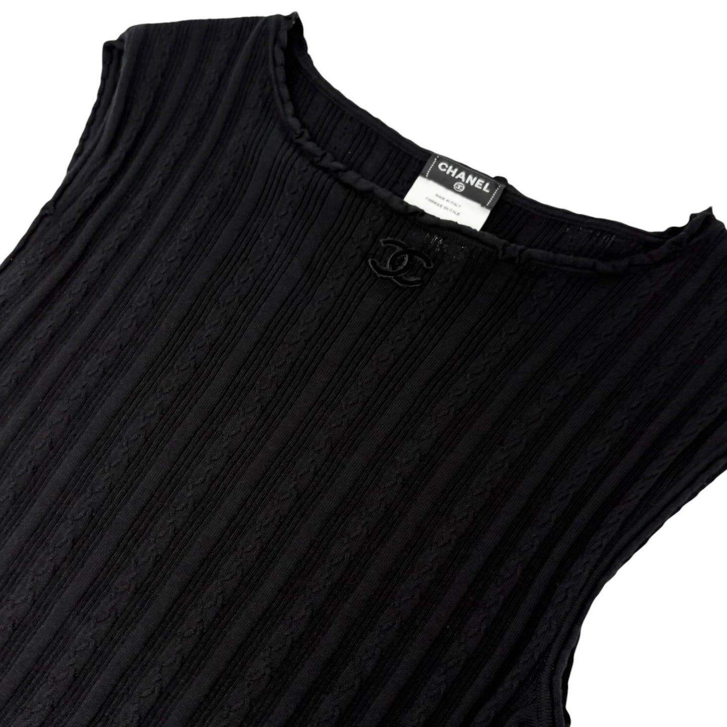 CHANEL P47979 CC Logo Rib Knit Tank Top #38 Black Sleeveless Cotton 901965