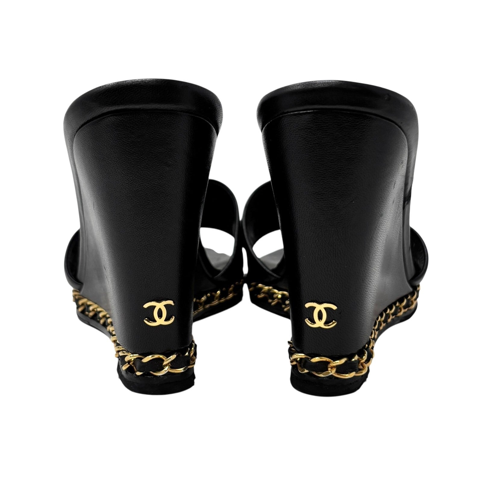 CHANEL Vintage CC Logo Chain Wedge Sole Sandals #37-38.5 Black Gold Leather