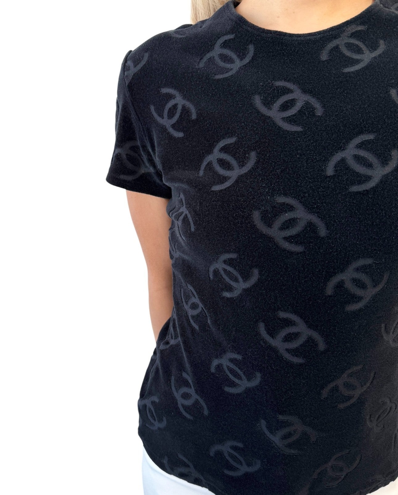 CHANEL Vintage 1996 CC Logo Monogram Velour T-shirt Top #44 Black Cotton