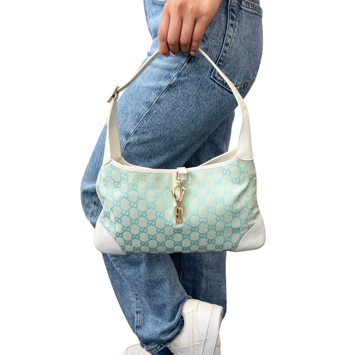 GUCCI Vintage Jackie GG Monogram Shoulder Bag Light Blue White Canvas 106547
