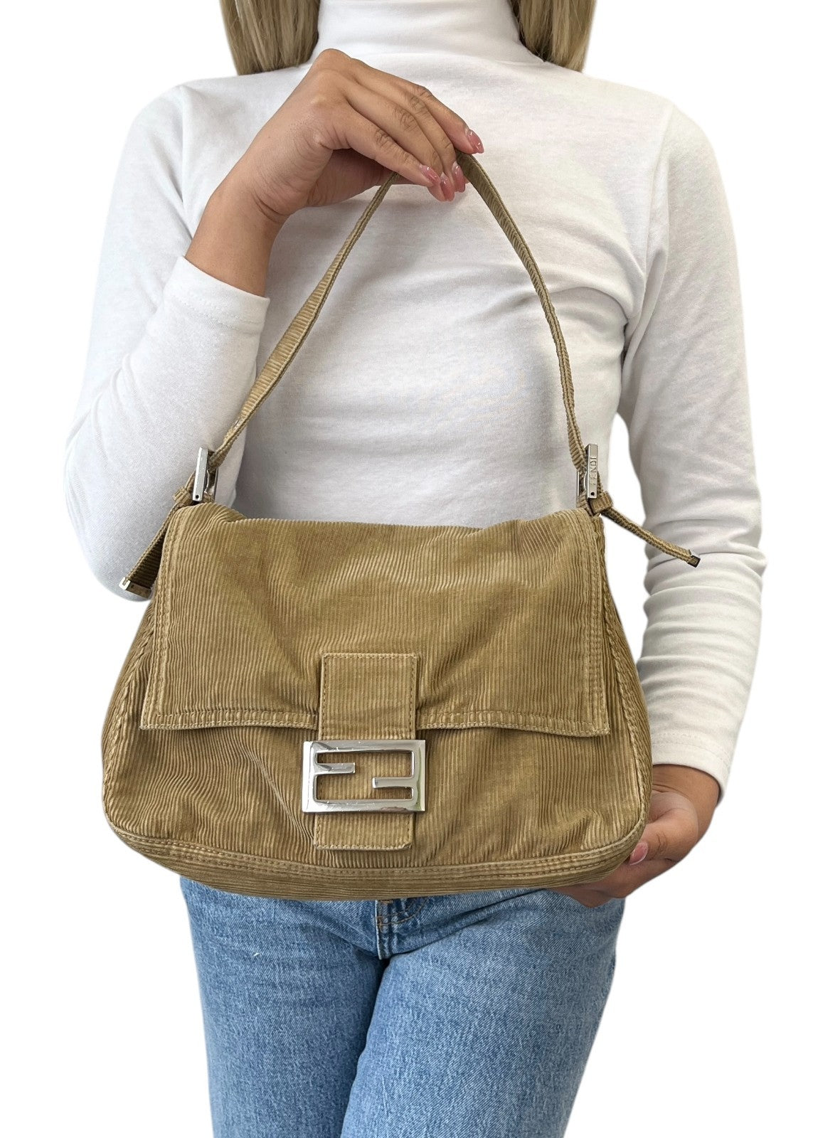 FENDI Vintage FF Logo Corduroy Mamma Baguette Shoulder Bag Light Brown Silver