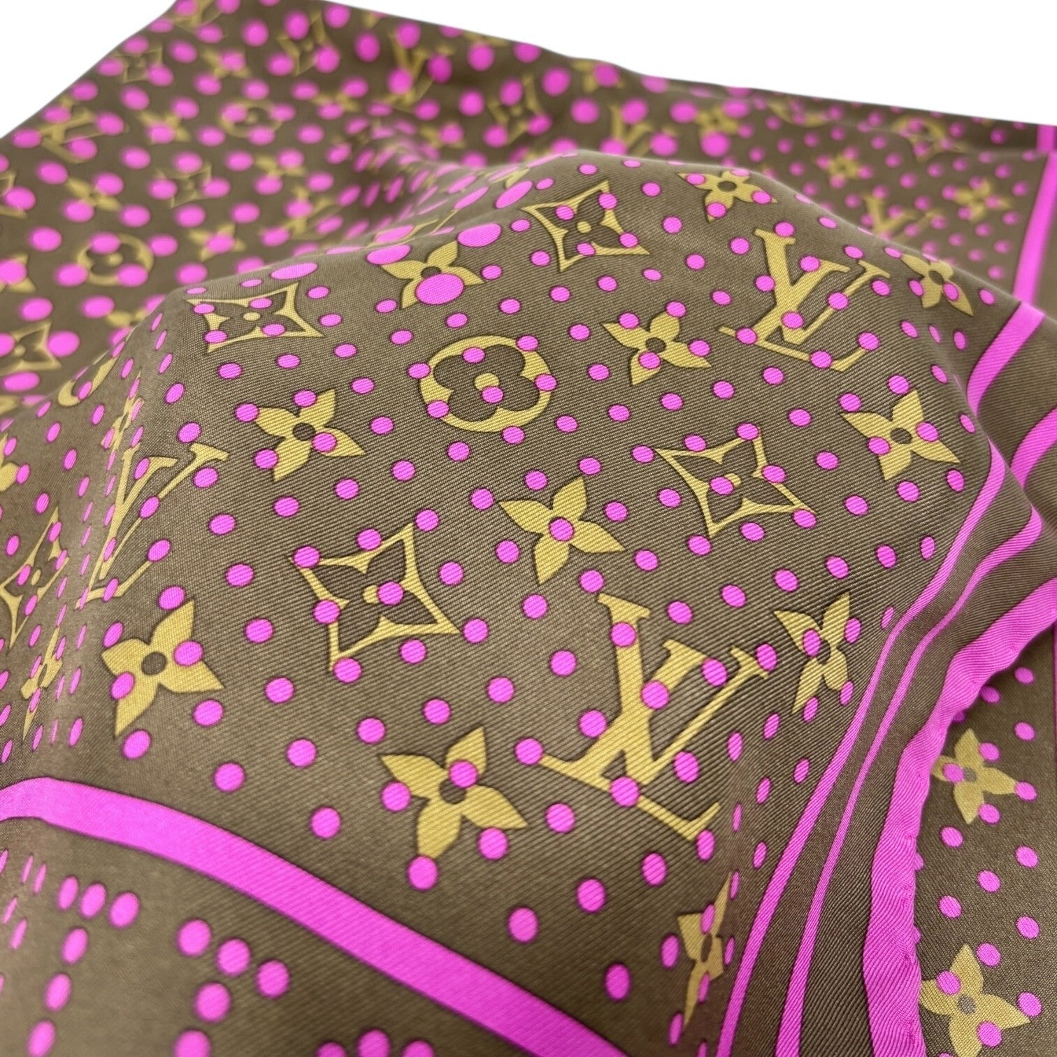 LOUIS VUITTON Vintage LV Logo Monogram Scarf Wrap Shawl Brown Pink Dot Silk