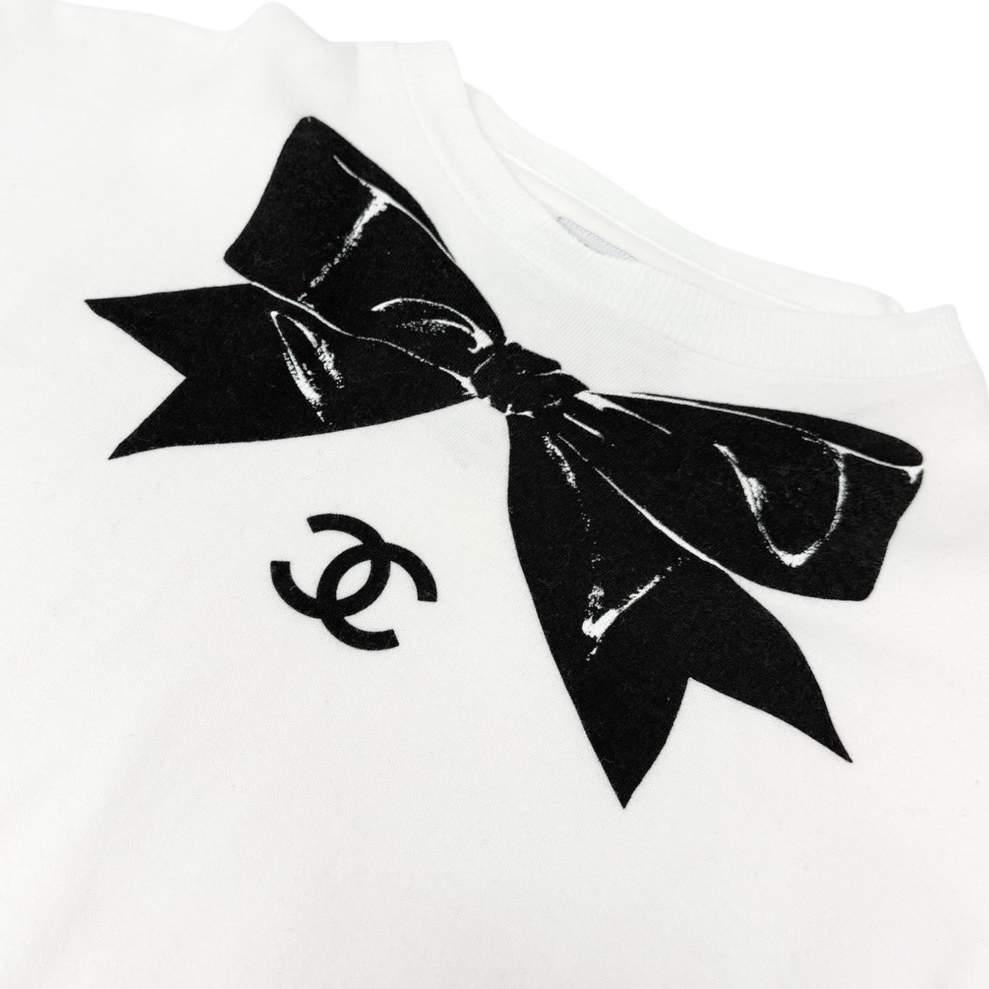 CHANEL Vintage CC Logo Bow Graphic Crewneck T-shirt Top #M White Cotton Ribbon