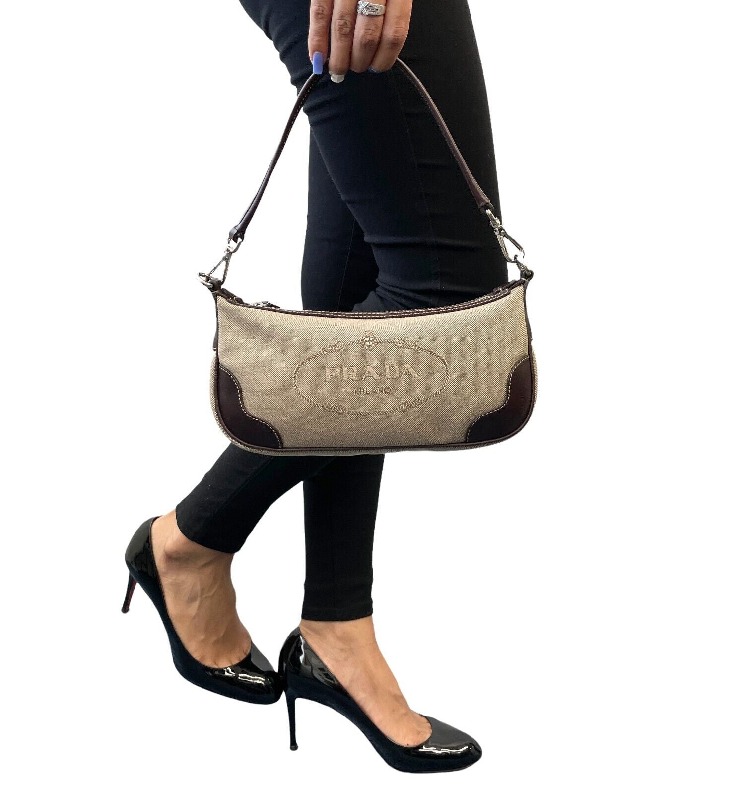 PRADA Vintage Logo Jacquard Pochette Shoulder Bag Beige Brown Cotton Zip