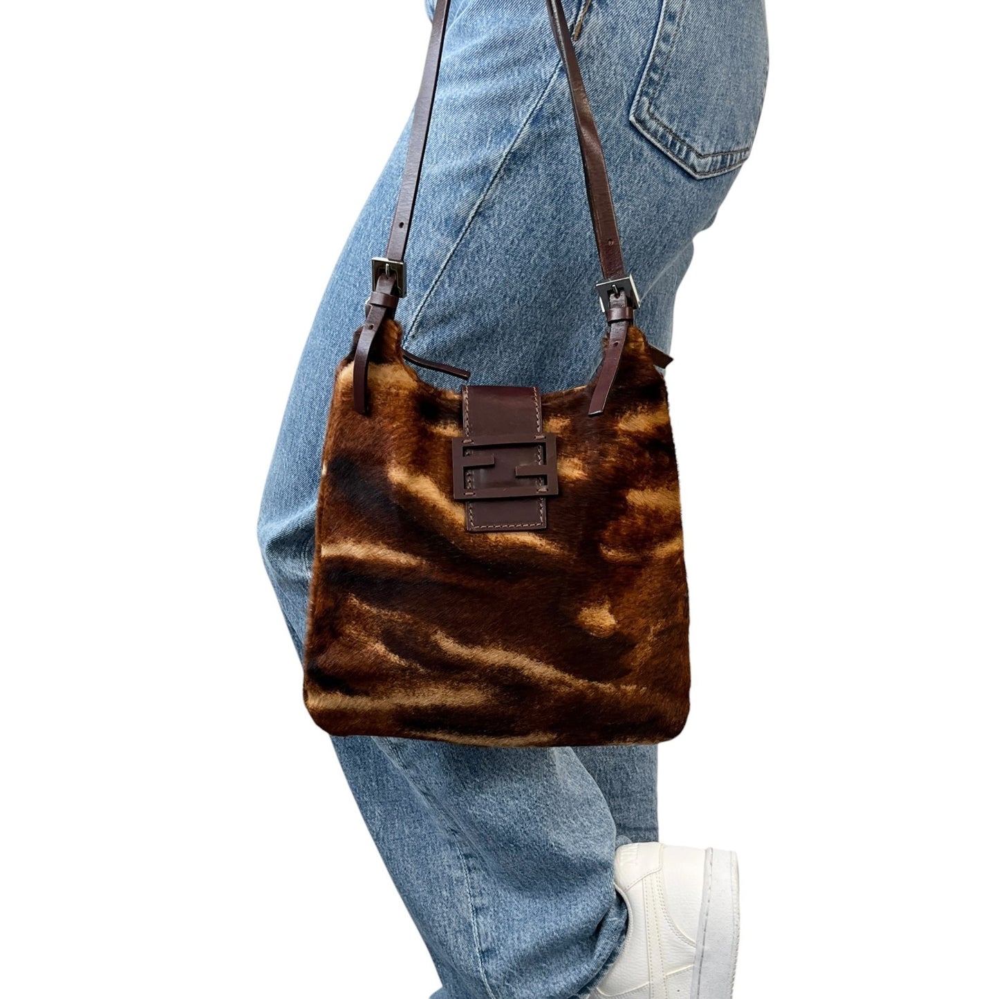 FENDI Vintage FF Pony Calf Hair Shoulder Bag Brown Beige Silver Leather 902217