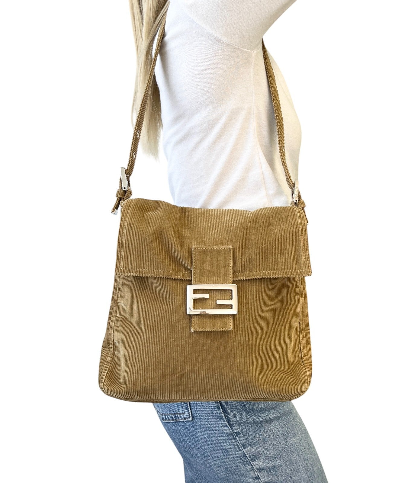 FENDI Vintage FF Logo Mamma Baguette Shoulder Bag Corduroy Brown Silver Cotton