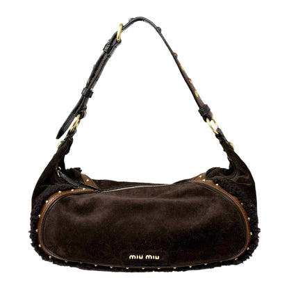 miumiu Vintage Shearling Studded Shoulder Bag Suede Boa Brown Gold 902328