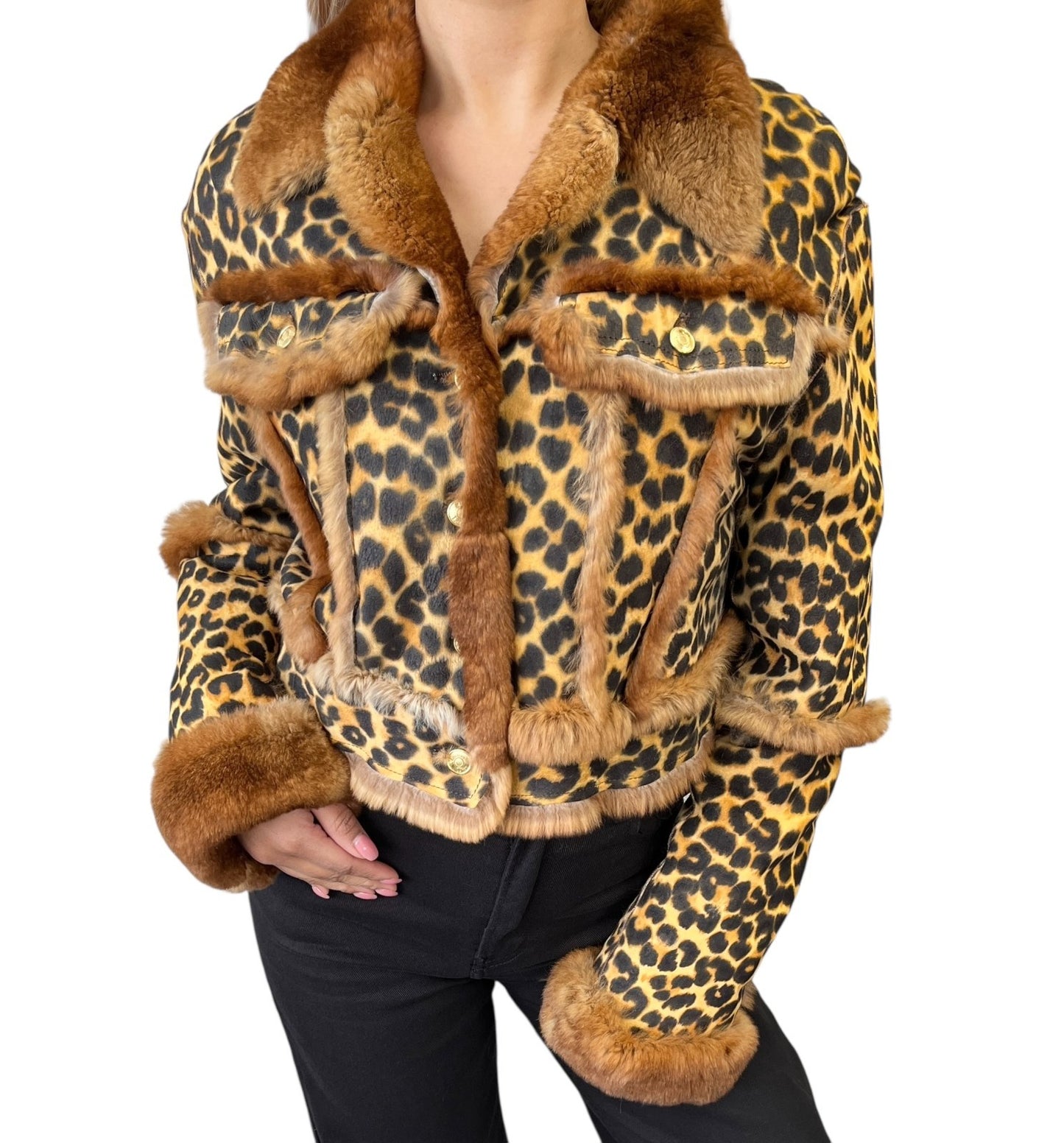 Christian Dior Vintage Leopard Shearling Fur Jacket Top #40 Brown Leather