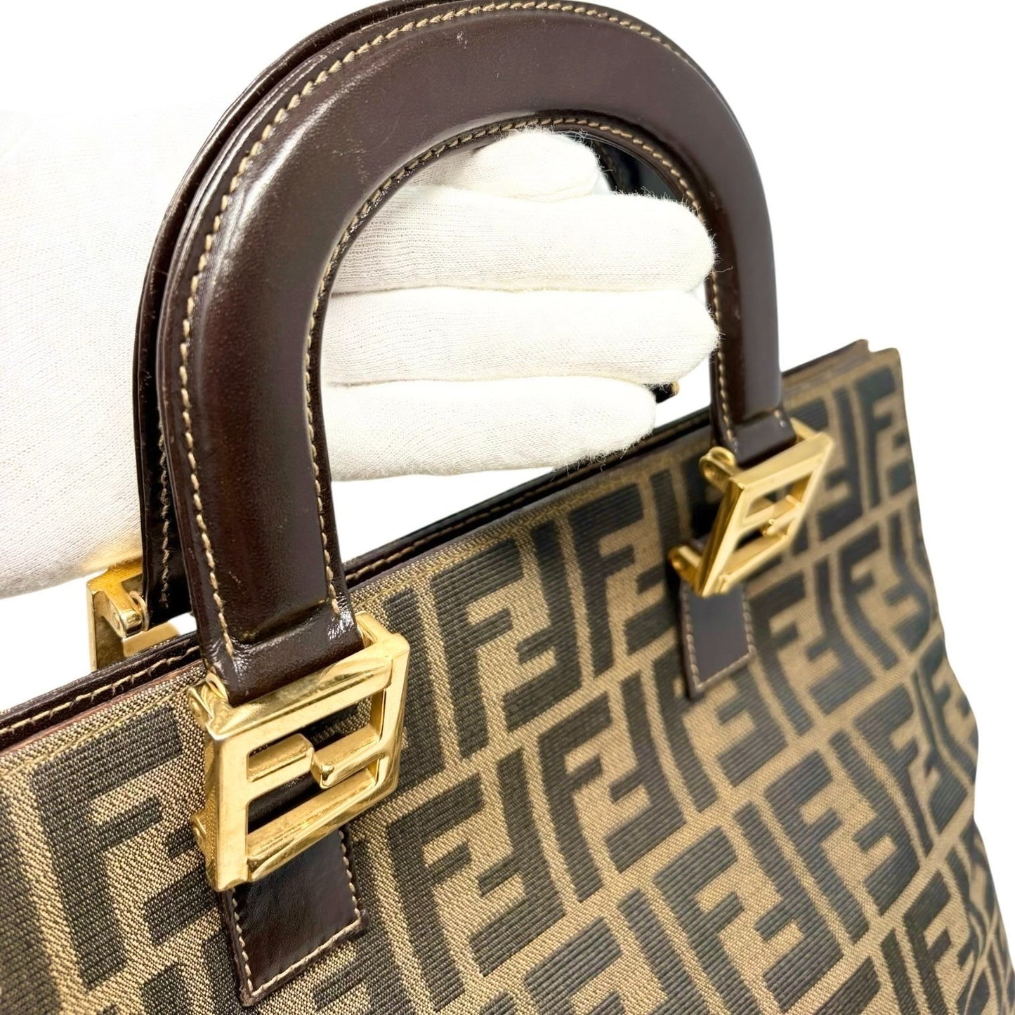 Fendi Vintage Zucca Canvas Tote Bag FF Logo Monogram Brown Gold Leather