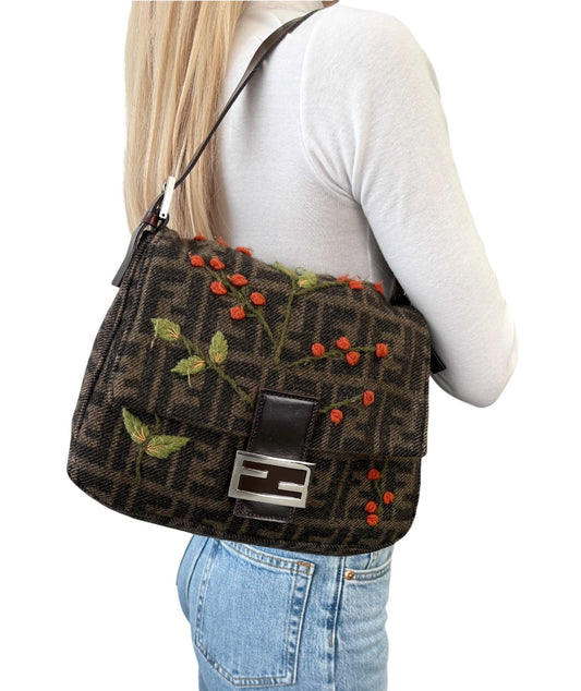 FENDI Vintage FF Mamma Baguette Wool Knit Shoulder Bag Brown Flower