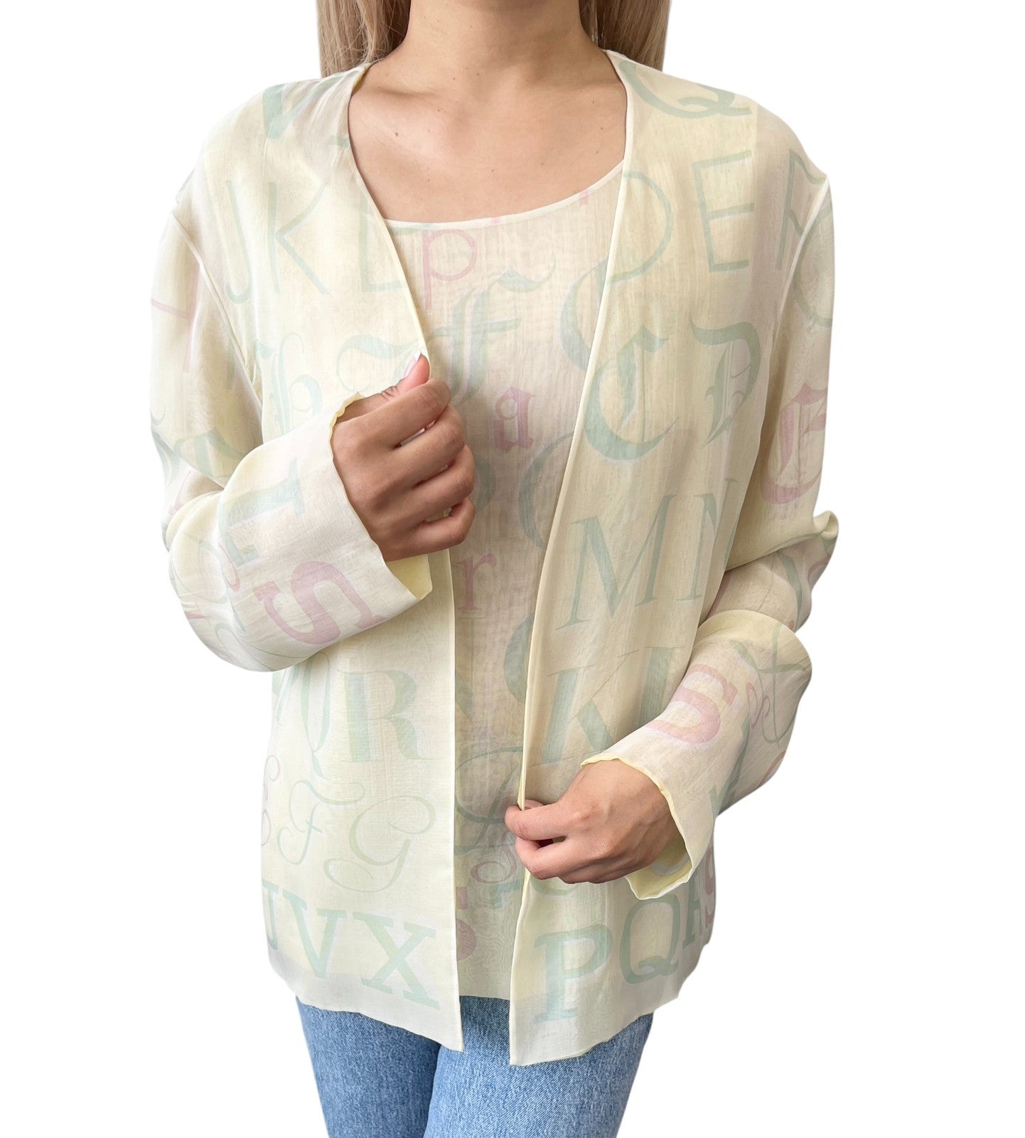 HERMES Vintage Logo Ensemble Set Shirt Sleeveless See-though #38 Yellow Silk