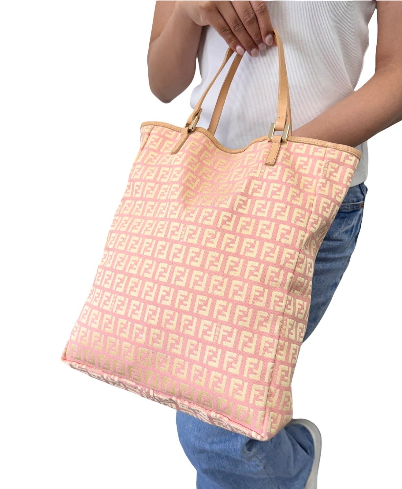FENDI Vintage FF Logo Zucchino Tote Bag Pink Beige Canvas w/Pouch 901878