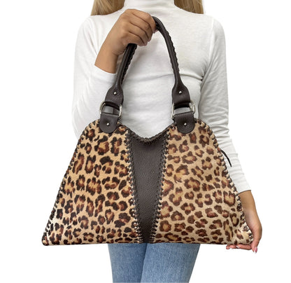 FENDI Vintage Leopard Pony Calf Hair Shoulder Bag Camel Brown Leather 902475