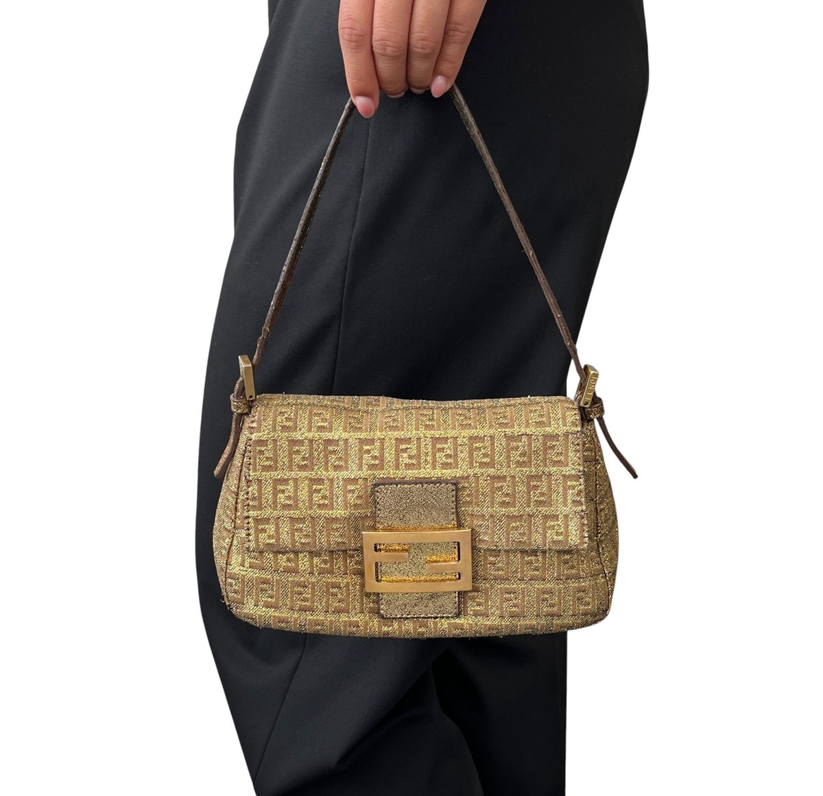 FENDI Vintage FF Logo Mamma Baguette Mini Shoulder Bag Pochette Gold 902053