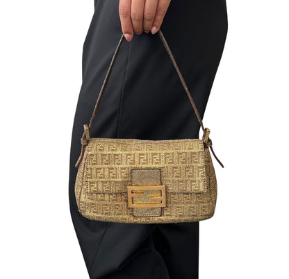FENDI Vintage FF Logo Mamma Baguette Mini Shoulder Bag Pochette Gold 902053